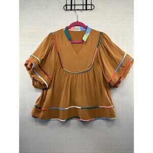 Sweet P’s Apparel Blouse Women’s S  V-Neck Flowy Balloon Sleeve Boho Stripe Trim